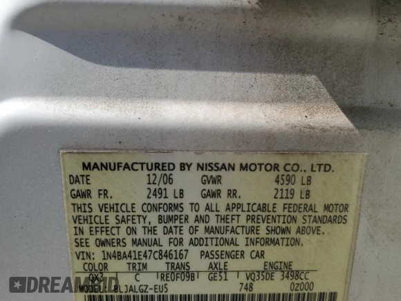 2007 Nissan Maxima 3.5 SE with VIN 1N4BA41E47C846167, listed as a Copart auction lot 74698464 with 215,023 mi miles and Salvage Title. Bid and sale history available at carsss.com. Image 12.