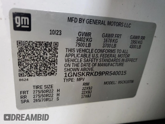 2023 Chevrolet Tahoe RST with VIN 1GNSKRKD9PR540015, listed as a Copart auction lot 58084495 with 23,815 mi miles and Salvage title. Bid and sale history available at DreamBid. Image 13.