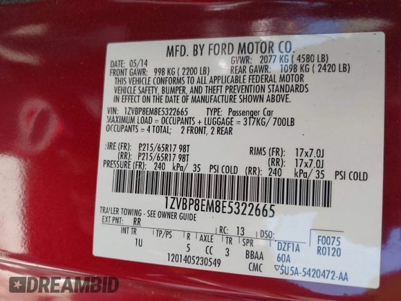 2014 Ford Mustang V6 with VIN 1ZVBP8EM8E5322665, listed as a IAAI auction lot 41817768 with 97,405 mi miles. Bid and sale history available at carsss.com. Image 9.
