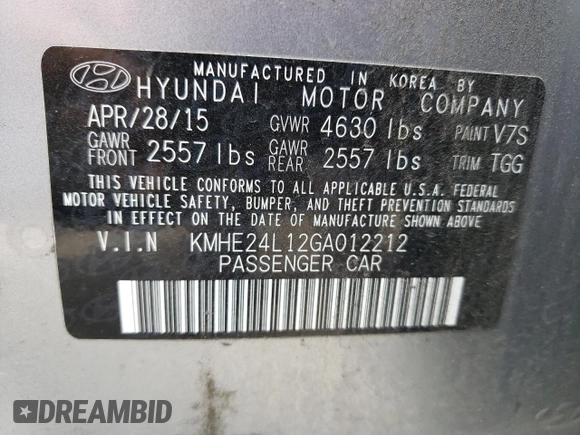 2016 Hyundai Sonata Hybrid SE with VIN KMHE24L12GA012212, listed as a Copart auction lot 49517573 with 115,484 mi miles. Bid and sale history available at carsss.com. Image 12.