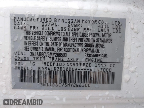 2021 Nissan Sentra SV with VIN 3N1AB8CV5MY268500, listed as a IAAI auction lot 41576778 with 22,137 mi miles and . Bid and sale history available at DreamBid. Image 9.