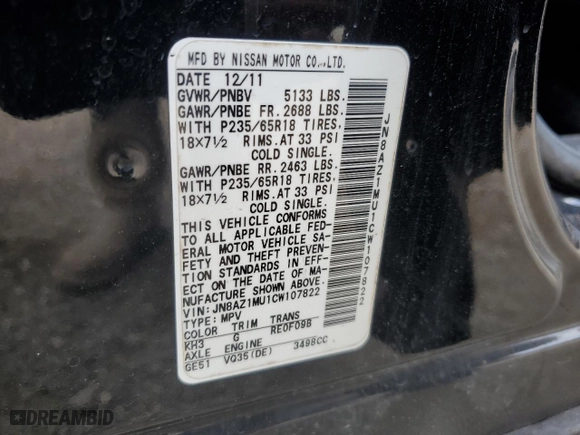2012 Nissan Murano S with VIN JN8AZ1MU1CW107822, listed as a Copart auction lot 48660695 with 127,050 mi miles and Salvage Title. Bid and sale history available at carsss.com. Image 13.