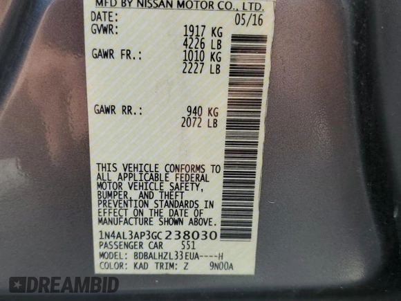 2016 Nissan Altima SR with VIN 1N4AL3AP3GC238030, listed as a Copart auction lot 57457045 with 128,811 mi miles and Salvage title. Bid and sale history available at DreamBid. Image 12.