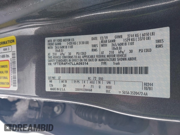 2020 Ford Ranger XL with VIN 1FTER4FH7LLA09314, listed as a IAAI auction lot 41629623 with 73,959 mi miles and . Bid and sale history available at DreamBid. Image 9.