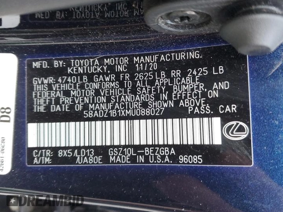 2021 Lexus ES with VIN 58ADZ1B1XMU088027, listed as a Copart auction lot 84398674 with 14,594 mi miles and Salvage Title. Bid and sale history available at carsss.com. Image 12.