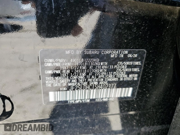 2025 Subaru Forester Special Sports with VIN JF2SLDHC1SH402377, listed as a Copart auction lot 55293885 with 10,080 mi miles and Salvage title. Bid and sale history available at DreamBid. Image 13.