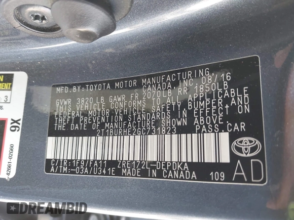 2016 Toyota Corolla L z VIN 2T1BURHE2GC731823, wystawiony jako IAAI lot #42250747 z przebiegiem 75 897 mil mil oraz . Historia ofert i sprzedaży dostępna na DreamBid. Obrazek 9.