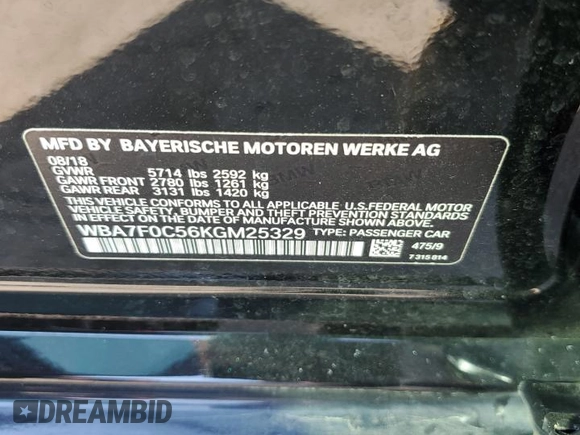 2019 BMW 7 Series 750i with VIN WBA7F0C56KGM25329, listed as a Copart auction lot 71613623 with 52,799 mi miles. Bid and sale history available at carsss.com. Image 13.