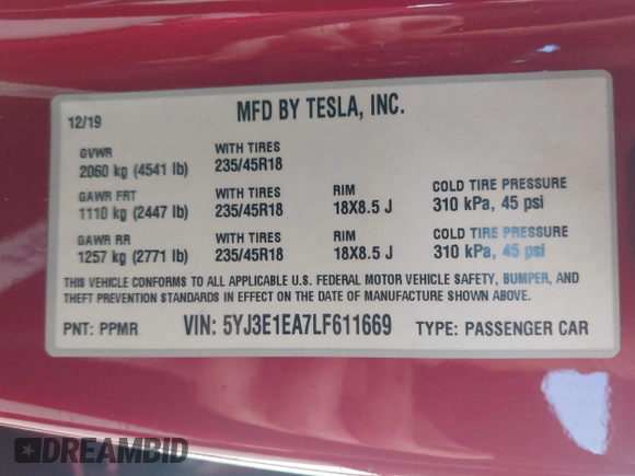 2020 Tesla Model 3 Standard Range Plus z VIN 5YJ3E1EA7LF611669, wystawiony jako IAAI lot #42179974 z przebiegiem 17 696 mil mil oraz . Historia ofert i sprzedaży dostępna na DreamBid. Obrazek 9.