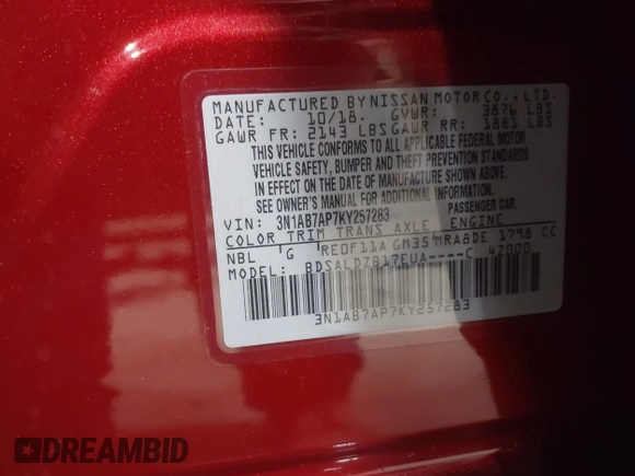 2019 Nissan Sentra S z VIN 3N1AB7AP7KY257283, wystawiony jako IAAI lot #42012338 z przebiegiem 103 503 mil mil oraz . Historia ofert i sprzedaży dostępna na DreamBid. Obrazek 9.