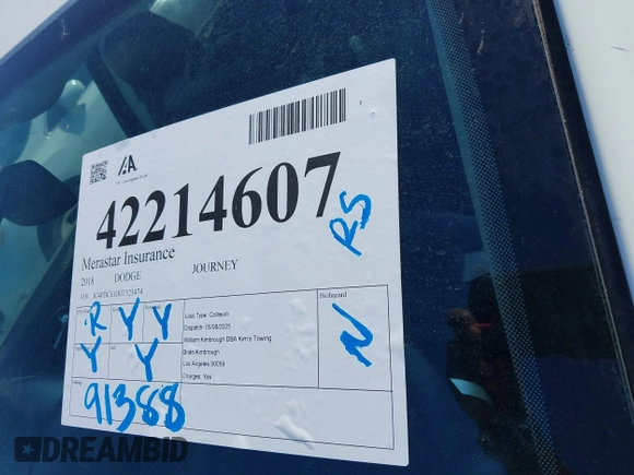 2018 Dodge Journey GT with VIN 3C4PDCEG8JT523474, listed as a IAAI auction lot 42214607 with 91,388 mi miles and . Bid and sale history available at DreamBid. Image 18.