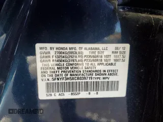 2012 Honda Pilot EX-L with VIN 5FNYF3H5XCB039719, listed as a Copart auction lot 87688785 with 237,769 mi miles and Salvage Title. Bid and sale history available at DreamBid. Image 14.