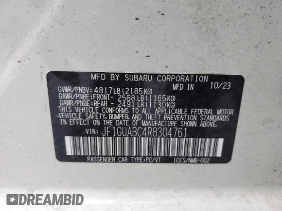 2024 Subaru Impreza with VIN JF1GUABC4R8304761, listed as a Copart auction lot 46103015 with 9,018 mi miles and Salvage Title. Bid and sale history available at carsss.com. Image 14.
