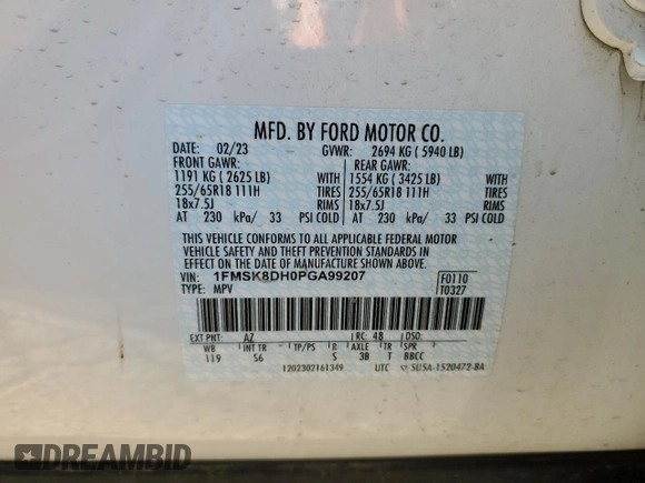2023 Ford Explorer XLT с VIN 1FMSK8DH0PGA99207, выставлен на аукционе Copart как лот 82948624 с пробегом 24 861 миль миль и Чистый • Clean title. История ставок и продаж доступна на DreamBid. Изображение 13.