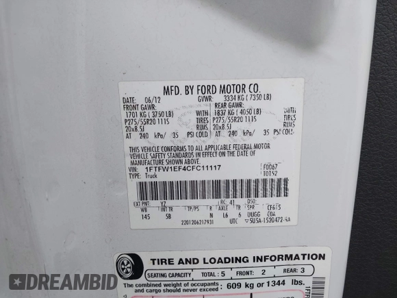 2012 Ford F-150 XL с VIN 1FTFW1EF4CFC11117, выставлен на аукционе IAAI как лот 41362740 с пробегом Не указан миль и . История ставок и продаж доступна на DreamBid. Изображение 9.