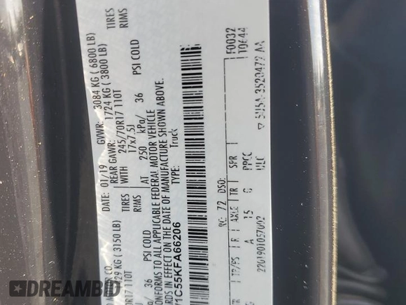 2019 Ford F-150 XL with VIN 1FTEW1C55KFA66206, listed as a Copart auction lot 55290485 with 115,808 mi miles and Clean Title. Bid and sale history available at DreamBid. Image 12.