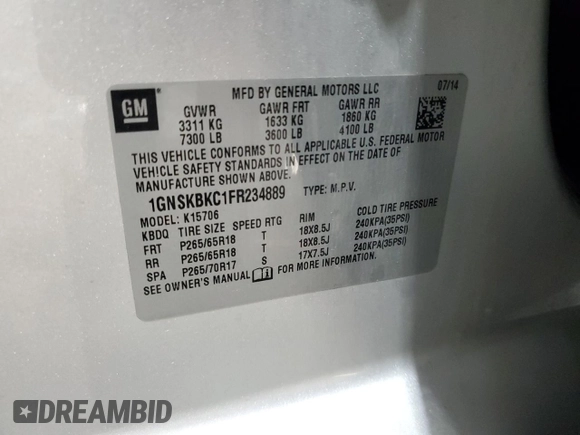2015 Chevrolet Tahoe LT with VIN 1GNSKBKC1FR234889, listed as a Copart auction lot 60786475 with 255,271 mi miles and Salvage title. Bid and sale history available at DreamBid. Image 14.