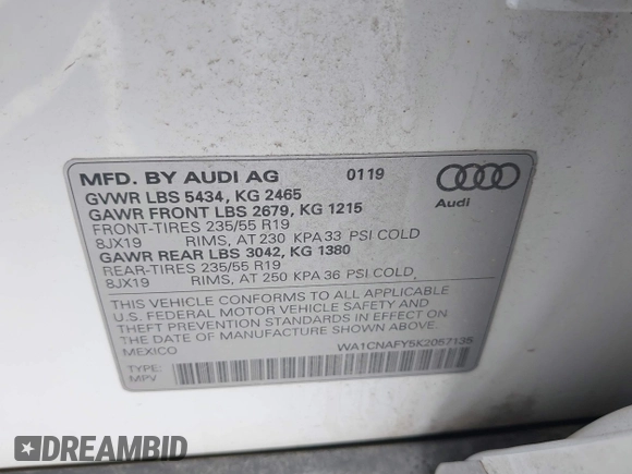 2019 Audi Q5 Prestige with VIN WA1CNAFY5K2057135, listed as a IAAI auction lot 41877915 with 142,007 mi miles. Bid and sale history available at carsss.com. Image 9.