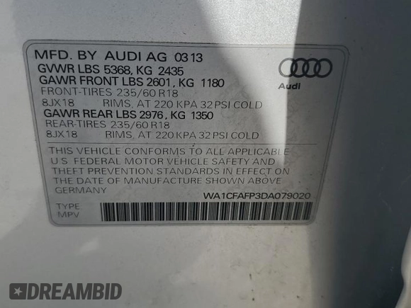 2013 Audi Q5 Premium z VIN WA1CFAFP3DA079020, wystawiony jako Copart lot #55969255 z przebiegiem 88 407 mil mil oraz Szkoda całkowita • Salvage title. Historia ofert i sprzedaży dostępna na DreamBid. Obrazek 13.