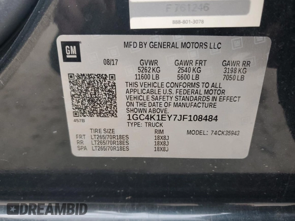 2018 Chevrolet Silverado 3500HD High Country with VIN 1GC4K1EY7JF108484, listed as a Copart auction lot 87854835 with 88,518 mi miles and Salvage title. Bid and sale history available at DreamBid. Image 13.