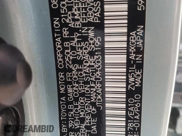 2017 Toyota Prius Two z VIN JTDKARFU9H3031195, wystawiony jako Copart lot #56852615 z przebiegiem 56 481 mil mil oraz Szkoda całkowita • Salvage title. Historia ofert i sprzedaży dostępna na DreamBid. Obrazek 13.