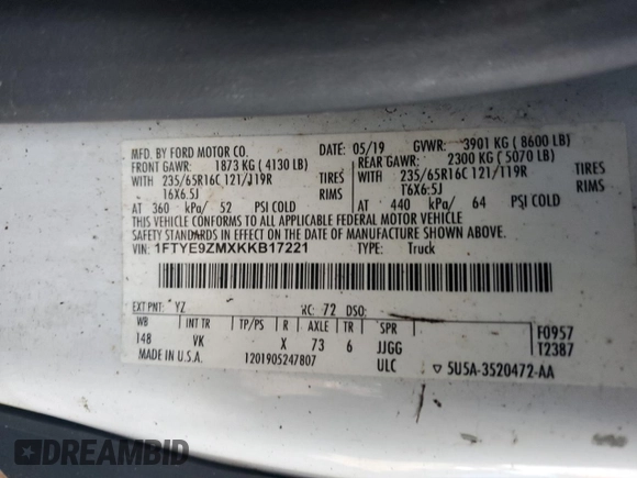 2019 Ford Transit with VIN 1FTYE9ZMXKKB17221, listed as a Copart auction lot 73464564 with Not provided miles and Salvage title. Bid and sale history available at DreamBid. Image 13.