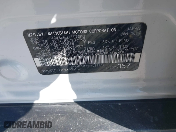 2017 Mitsubishi Outlander ES with VIN JA4AP3AU5HZ033242, listed as a IAAI auction lot 41602788 with 102,327 mi miles and . Bid and sale history available at DreamBid. Image 9.