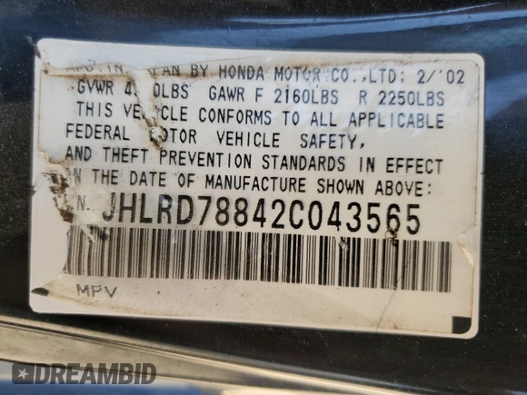 2002 Honda CR-V EX with VIN JHLRD78842C043565, listed as a Copart auction lot 67699264 with 259,081 mi miles and Salvage Title. Bid and sale history available at carsss.com. Image 13.