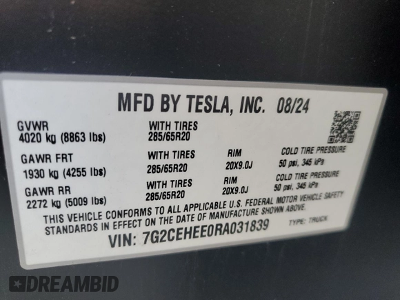 2024 Tesla Cybertruck Cyberbeast z VIN 7G2CEHEE0RA031839, wystawiony jako Copart lot #45773575 z przebiegiem 7133 mil mil oraz Szkody całkowita. Historia ofert i sprzedaży dostępna na DreamBid. Obrazek 14.