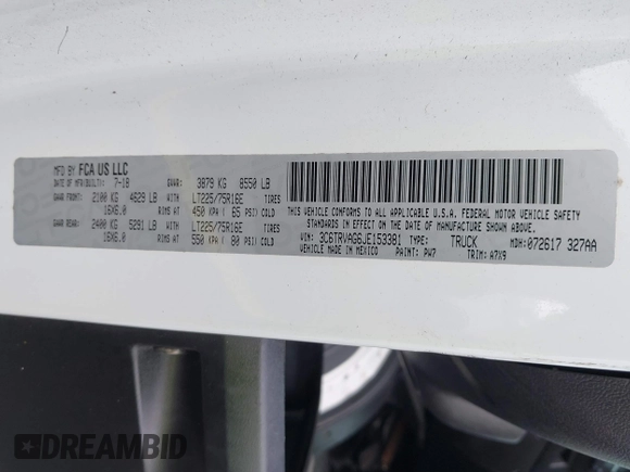 2018 Ram ProMaster Cargo with VIN 3C6TRVAG6JE153381, listed as a IAAI auction lot 41869997 with 75,110 mi miles and . Bid and sale history available at DreamBid. Image 9.