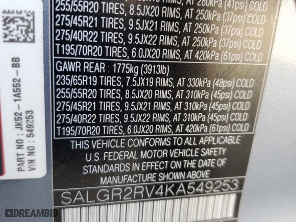 2019 Land Rover Range Rover with VIN SALGR2RV4KA549253, listed as a Copart auction lot 46128473 with 57,414 mi miles. Bid and sale history available at carsss.com. Image 13.