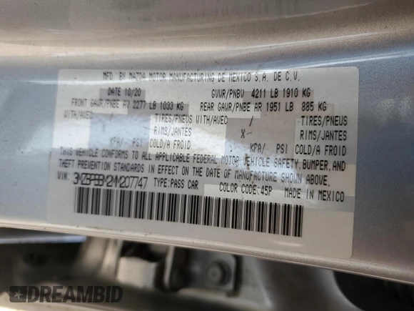2021 Mazda 3 Select with VIN 3MZBPBBM2MM207747, listed as a Copart auction lot 46885255 with 24,969 mi miles and Salvage Title. Bid and sale history available at DreamBid. Image 12.