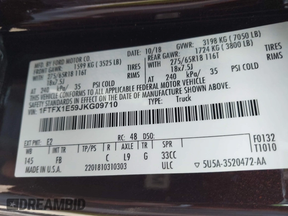 2018 Ford F-150 XL with VIN 1FTFX1E59JKG09710, listed as a IAAI auction lot 42458880 with 89,222 mi miles and . Bid and sale history available at DreamBid. Image 9.