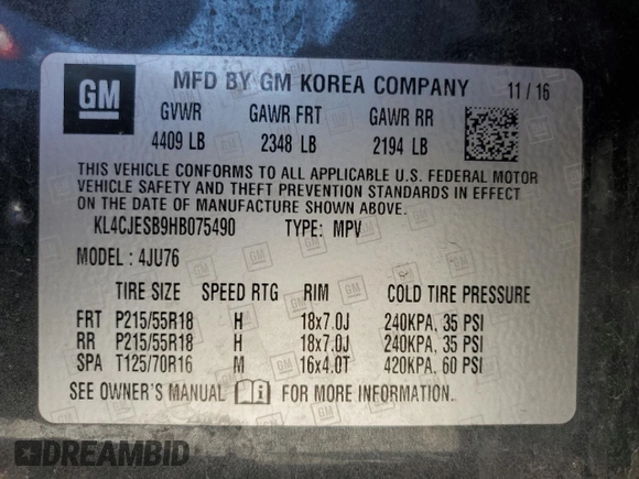 2017 Buick Encore Preferred with VIN KL4CJESB9HB075490, listed as a Copart auction lot 59425495 with 50,205 mi miles and Salvage title. Bid and sale history available at DreamBid. Image 12.