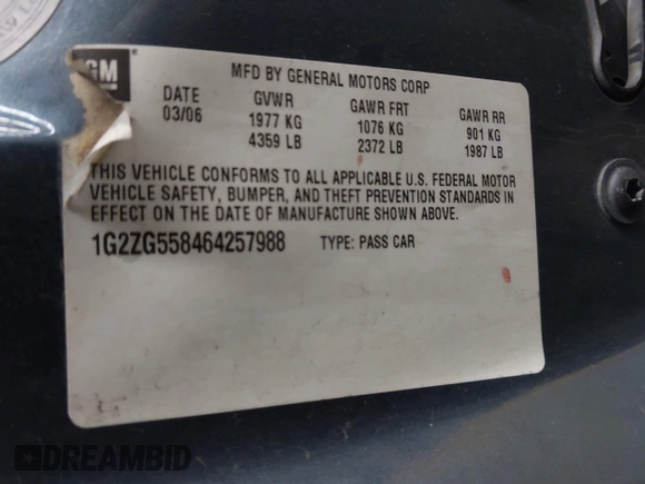 2006 Pontiac G6 6-Cyl z VIN 1G2ZG558464257988, wystawiony jako IAAI lot #42499674 z przebiegiem Nie podano mil oraz . Historia ofert i sprzedaży dostępna na DreamBid. Obrazek 9.
