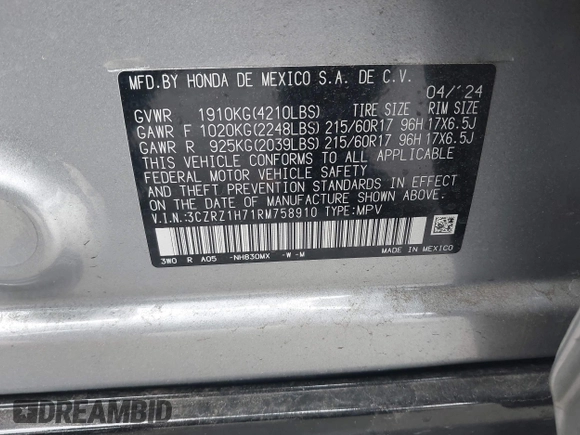 2024 Honda HR-V EX-L z VIN 3CZRZ1H71RM758910, wystawiony jako IAAI lot #42202774 z przebiegiem 8 452 mil mil oraz . Historia ofert i sprzedaży dostępna na DreamBid. Obrazek 9.