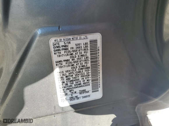 2006 Nissan Murano SE with VIN JN8AZ08W56W543566, listed as a Copart auction lot 84254074 with 167,505 mi miles and Salvage Title. Bid and sale history available at carsss.com. Image 13.