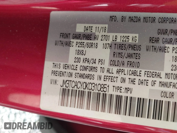 2019 Mazda CX-9 Touring with VIN JM3TCACY0K0310851, listed as a IAAI auction lot 42066395 with 91,046 mi miles and . Bid and sale history available at DreamBid. Image 9.