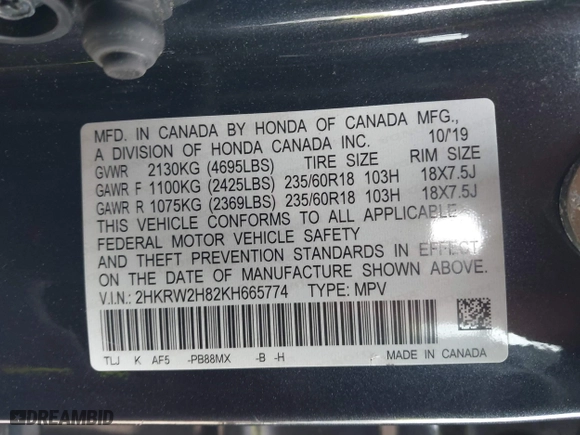 2019 Honda CR-V EX-L with VIN 2HKRW2H82KH665774, listed as a IAAI auction lot 41287840 with 33,099 mi miles. Bid and sale history available at carsss.com. Image 9.