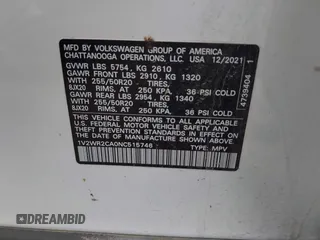 2022 Volkswagen Atlas SE с VIN 1V2WR2CA0NC515746, выставлен на аукционе IAAI как лот 41877524 с пробегом 50 921 миль миль и . История ставок и продаж доступна на DreamBid. Изображение 9.