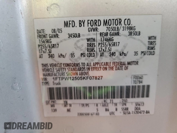 2005 Ford F-150 XLT with VIN 1FTPW12505KF07827, listed as a Copart auction lot 62026695 with Not provided miles and Salvage title. Bid and sale history available at DreamBid. Image 12.