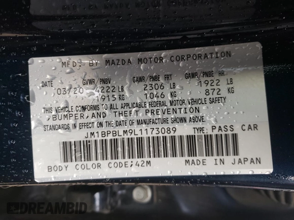 2020 Mazda 3 with VIN JM1BPBLM9L1173089, listed as a Copart auction lot 63345882 with 14,741 mi miles and . Bid and sale history available at DreamBid. Image 10.