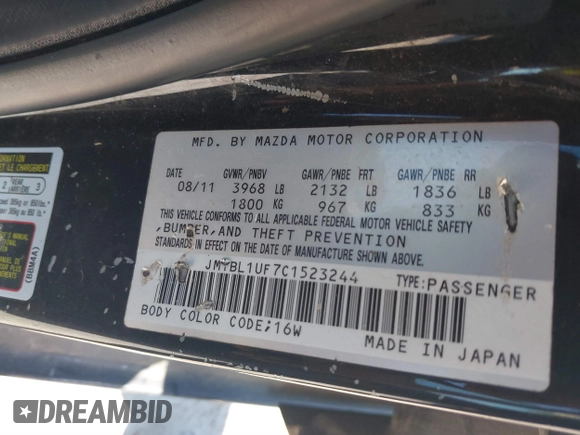 2012 Mazda 3 i Sport with VIN JM1BL1UF7C1523244, listed as a IAAI auction lot 40699608 with 188,560 mi miles and . Bid and sale history available at DreamBid. Image 9.