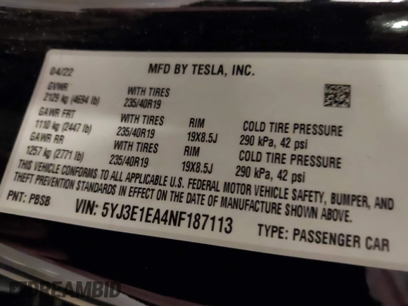2022 Tesla Model 3 with VIN 5YJ3E1EA4NF187113, listed as a IAAI auction lot 41712331 with 81,879 mi miles and . Bid and sale history available at DreamBid. Image 9.