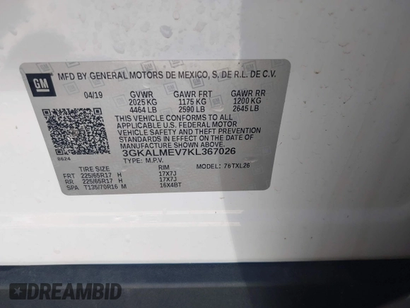 2019 GMC Terrain SLE with VIN 3GKALMEV7KL367026, listed as a IAAI auction lot 42151982 with 64,388 mi miles. Bid and sale history available at carsss.com. Image 9.