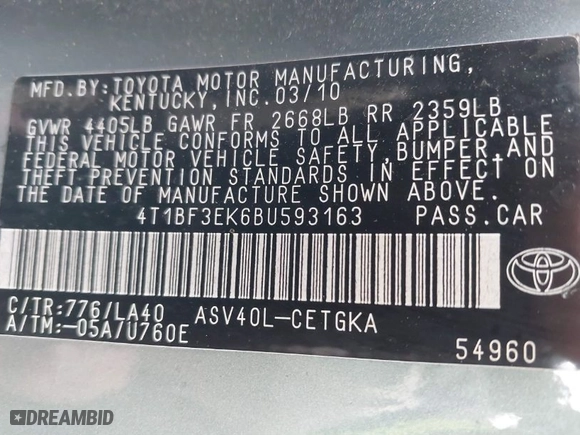 2011 Toyota Camry LE with VIN 4T1BF3EK6BU593163, listed as a IAAI auction lot 41878100 with 260,566 mi miles. Bid and sale history available at carsss.com. Image 9.