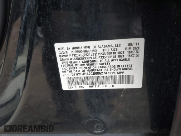 2012 Honda Pilot EX with VIN 5FNYF4H42CB006274, listed as a IAAI auction lot 41862992 with 176,315 mi miles. Bid and sale history available at carsss.com. Image 9.