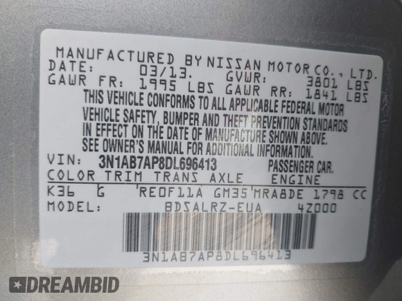2013 Nissan Sentra SR z VIN 3N1AB7AP8DL696413, wystawiony jako IAAI lot #42116029 z przebiegiem 113 409 mil mil oraz . Historia ofert i sprzedaży dostępna na DreamBid. Obrazek 9.