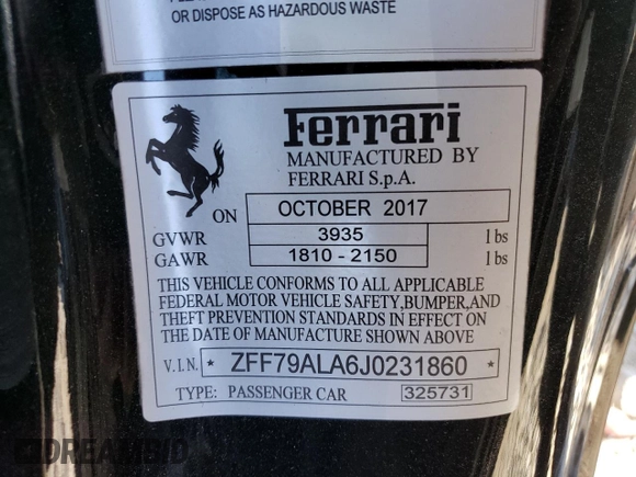 2018 Ferrari 488 z VIN ZFF79ALA6J0231860, wystawiony jako Copart lot #46477065 z przebiegiem Nie podano mil oraz Szkoda całkowita • Salvage title. Historia ofert i sprzedaży dostępna na DreamBid. Obrazek 13.