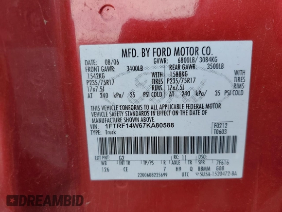 2007 Ford F-150 XL with VIN 1FTRF14W67KA80588, listed as a Copart auction lot 86650324 with 196,793 mi miles and Clean title. Bid and sale history available at DreamBid. Image 12.
